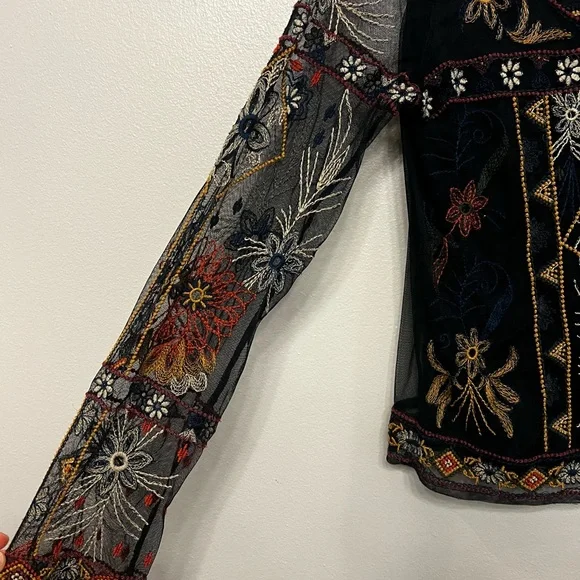 American Eagle Outfitters Black Sheer Embroidered Goth Boho Flares Blouse Sz M - Picture 2 of 7